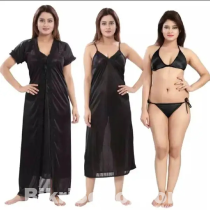 4-Part Satin Solid Women Nighty Set - Night Dress For Women